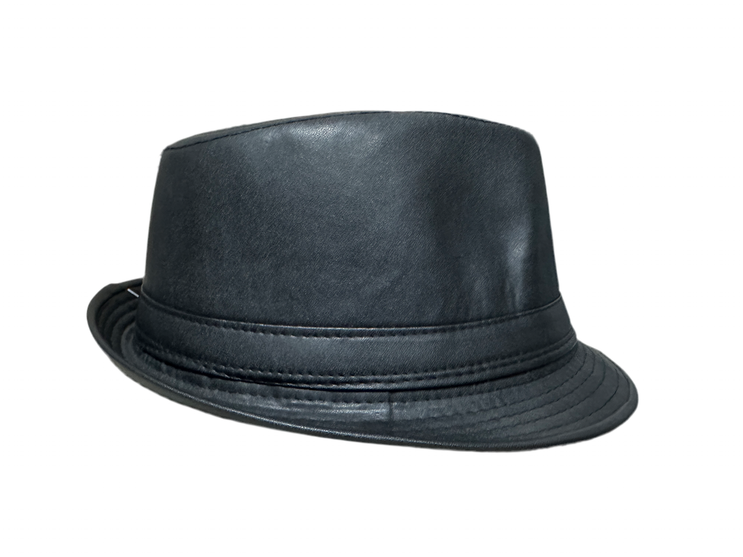 A black leather trilby fedora hat with a wide brim.