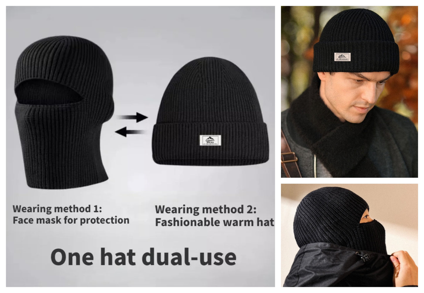 2 in 1 Unisex Beanie Hat Balaclava Mask Ski Windproof Winter Accessory