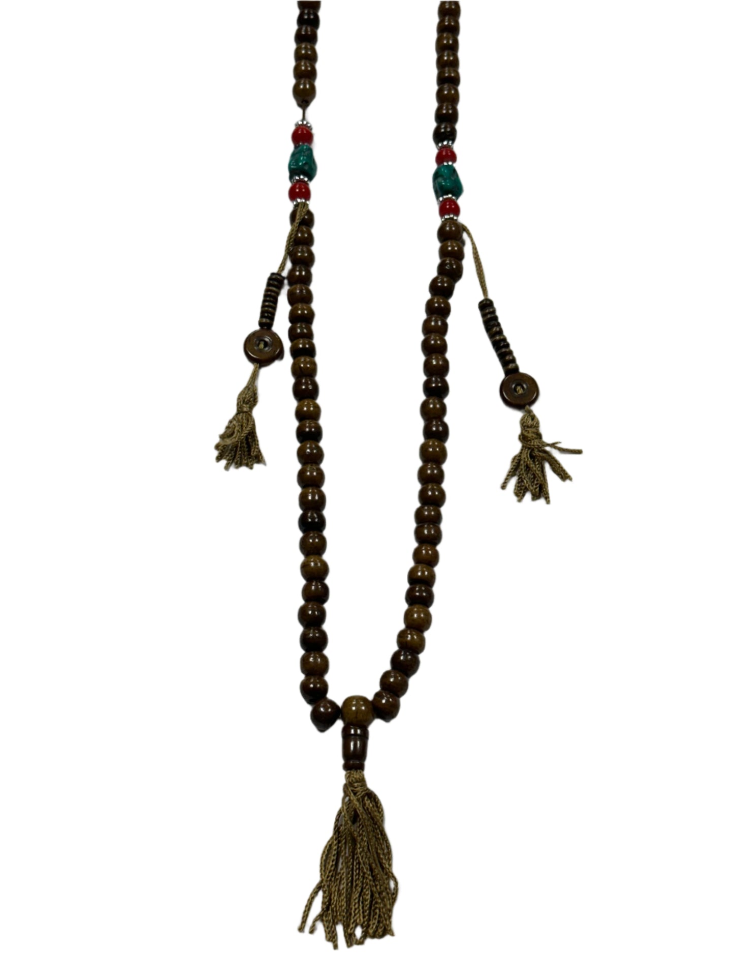 Decorative beaded necklace with tassels on a white background