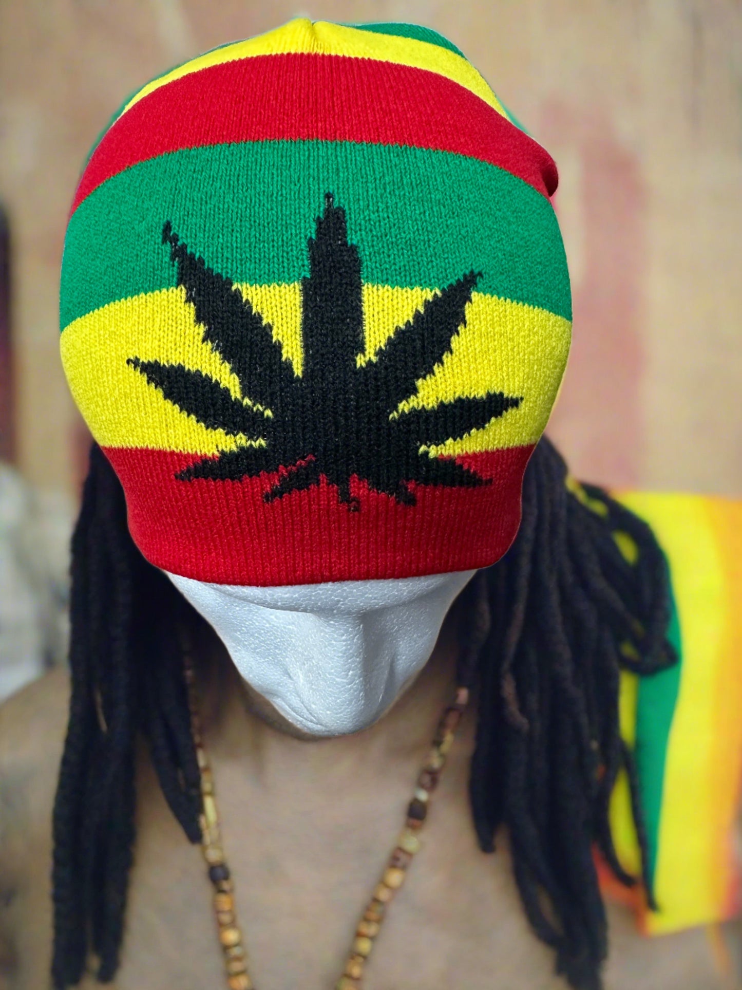Rasta Leaf Beanie Adults Mens Ladies Woolly Ski Winter Hat