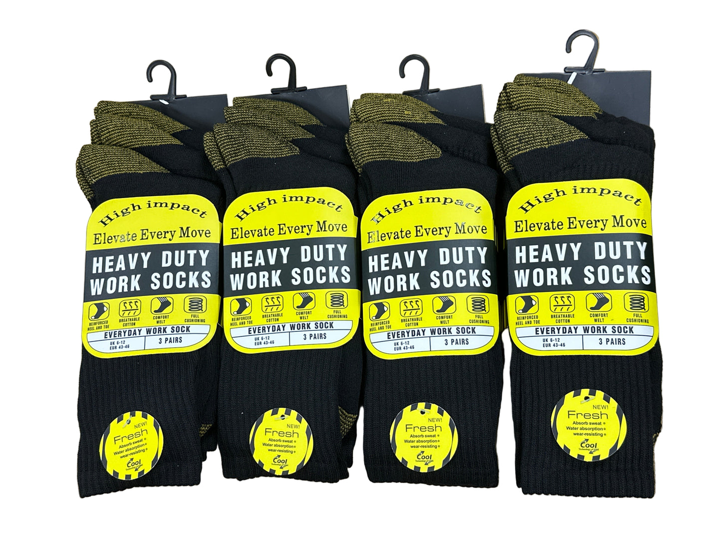Set of heavy-duty work socks with labels on a white background