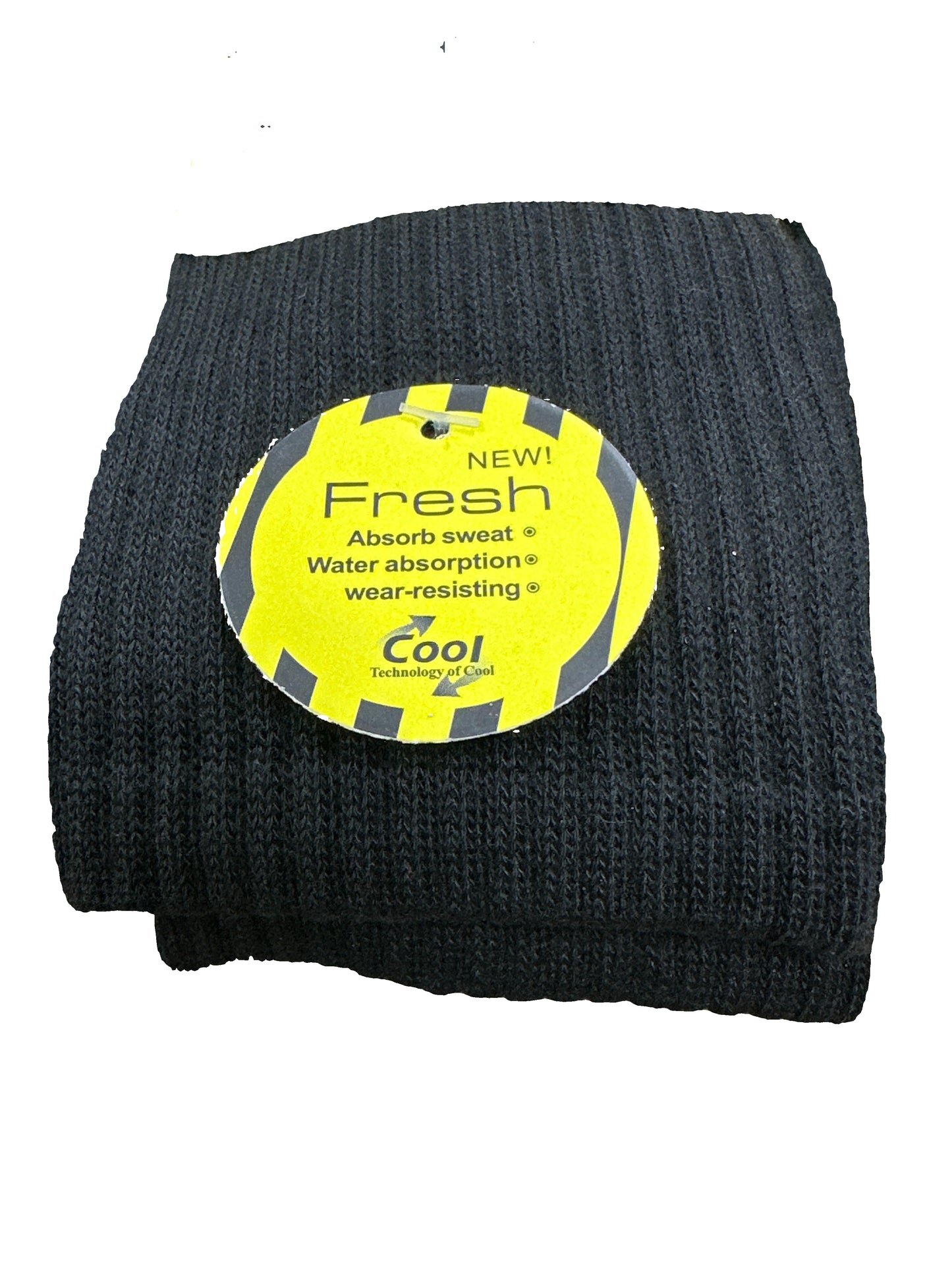 Black socks with a yellow label on a white background