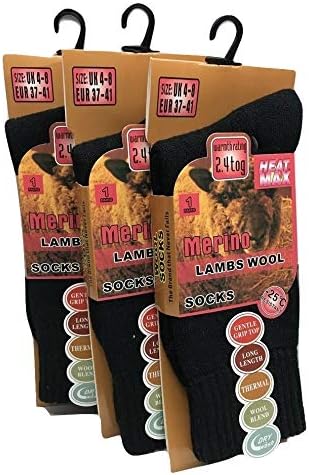 Black 3 Pairs Ladies Warm Merino Lamb Wool Socks Outdoor Thick Heavy Duty Size UK 4-8