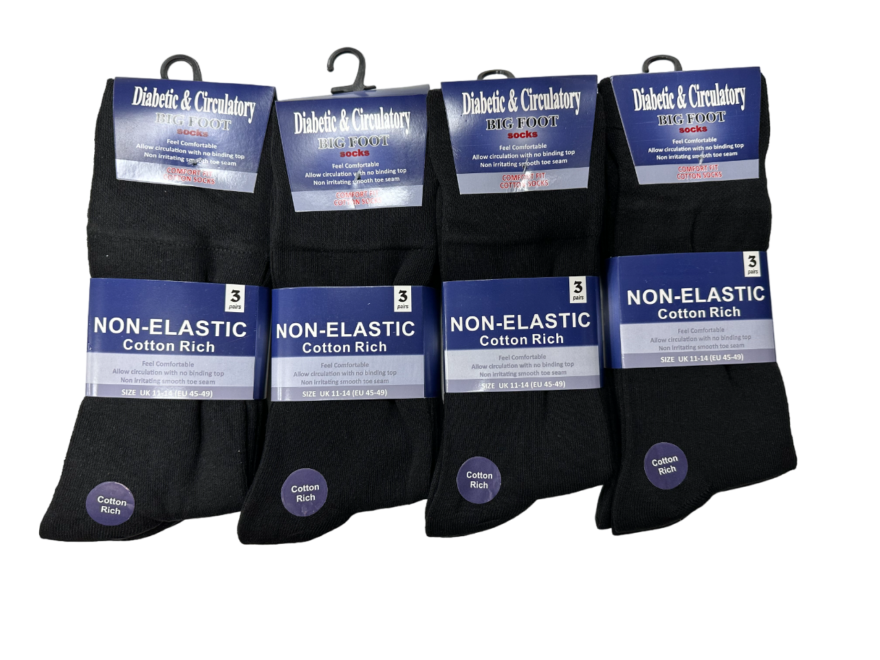 Chaussettes diabétiques pour hommes Non élastiques en coton riche uni noir Big Foot