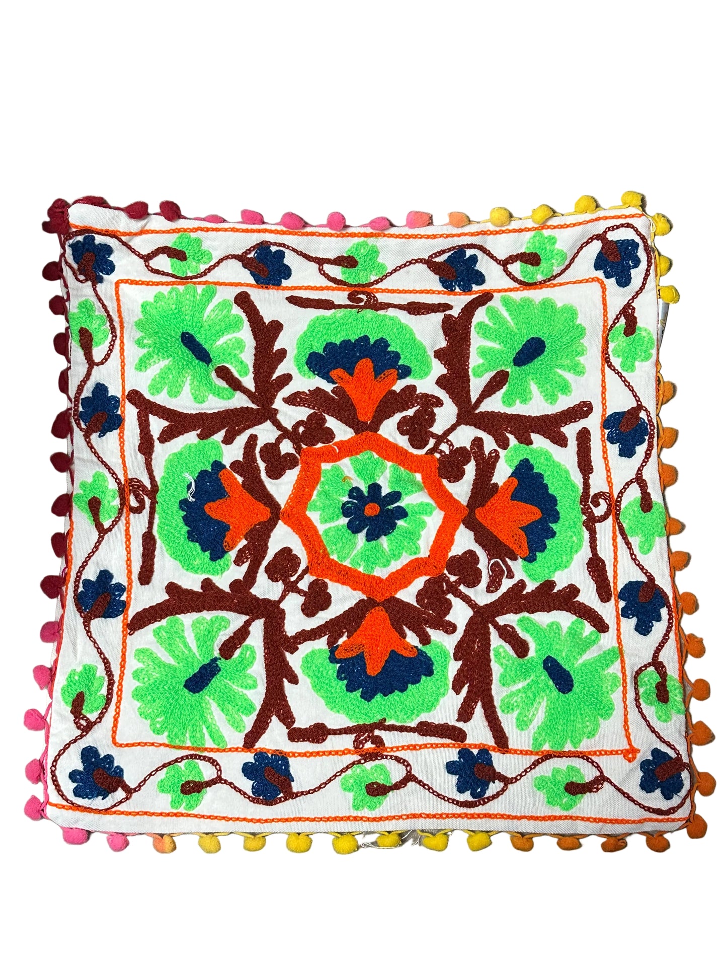 Decorative pillow with colorful embroidery on a plain background