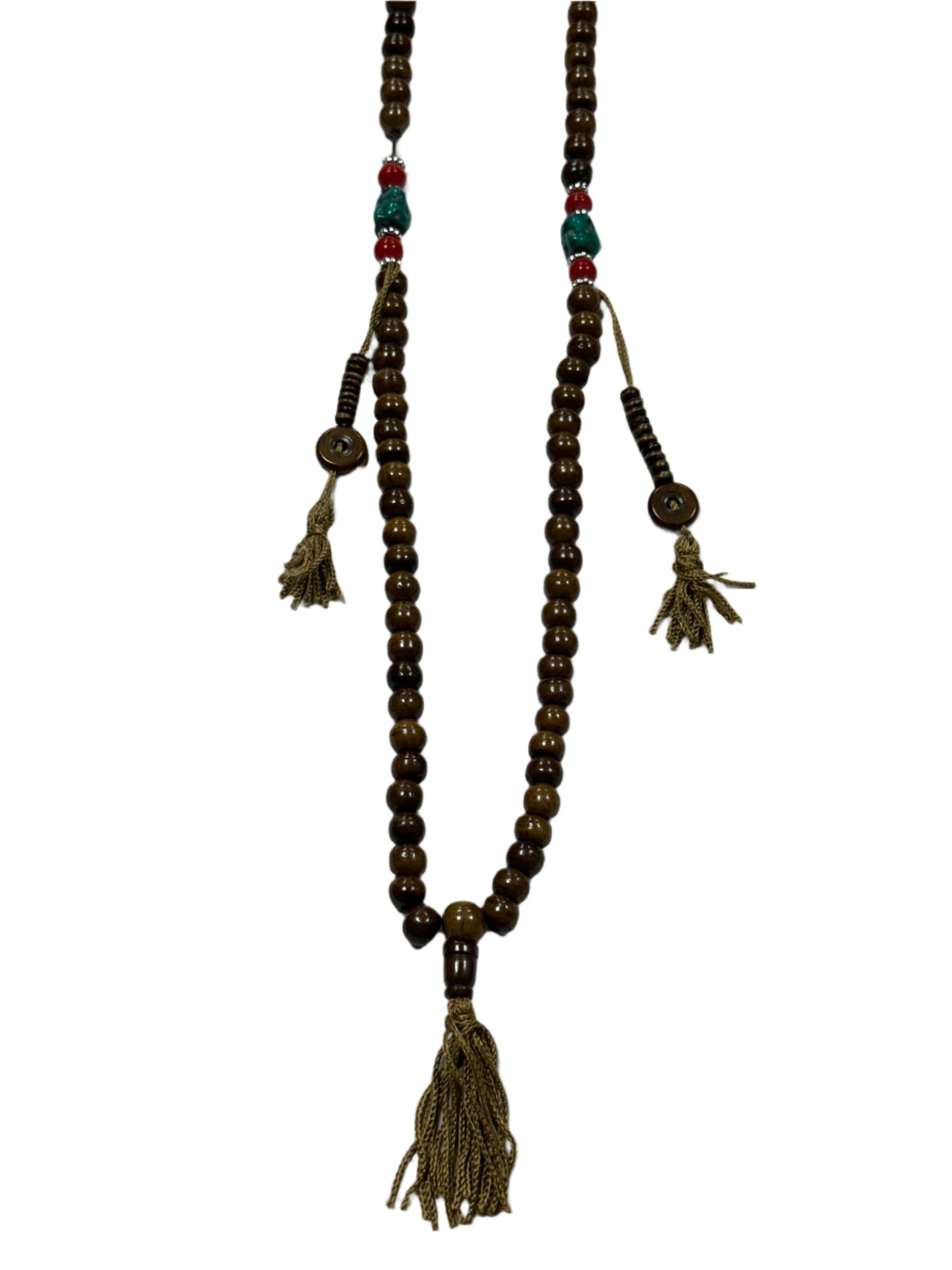 Decorative beaded necklace with tassels on a white background