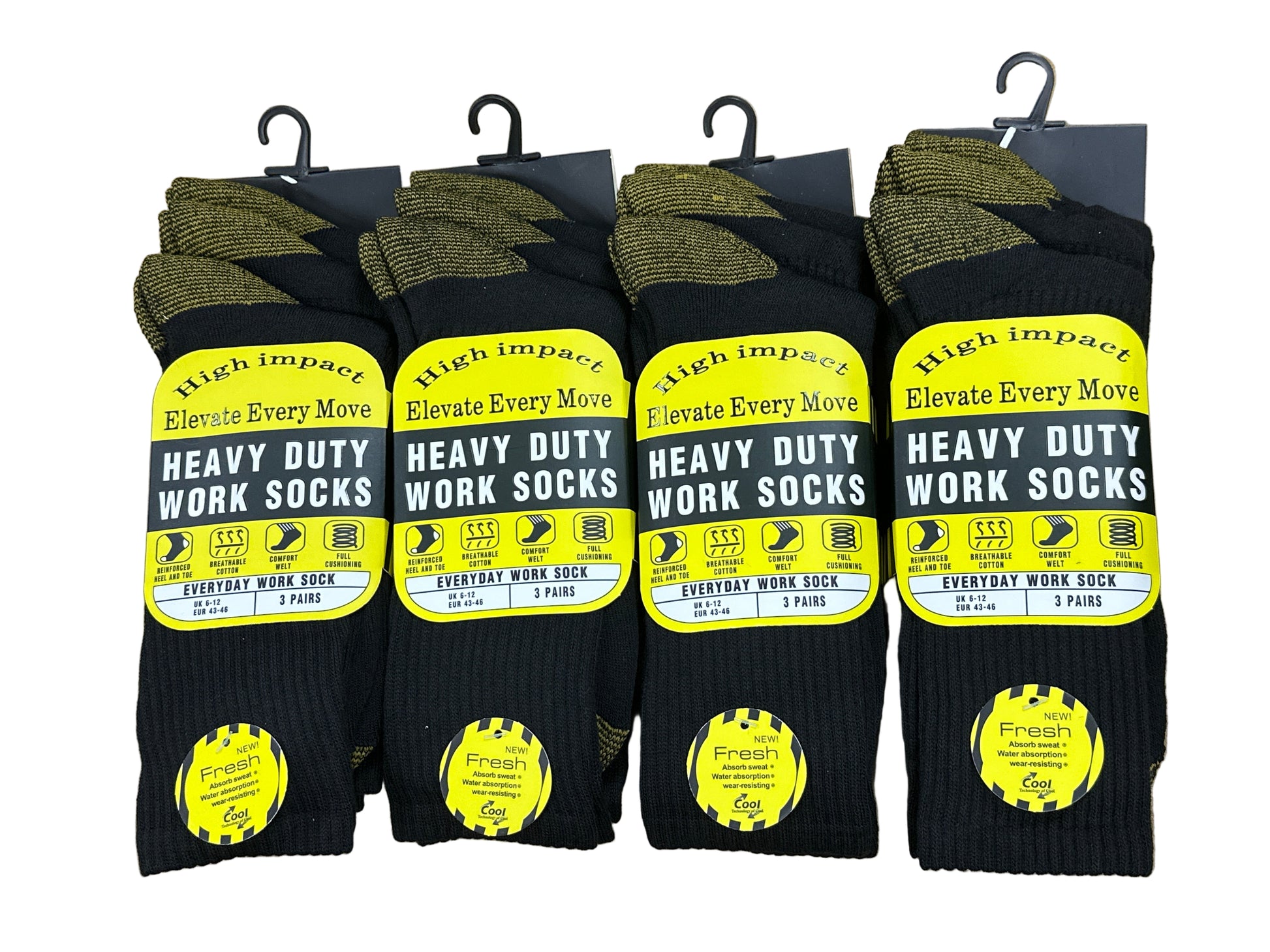 Set of heavy-duty work socks with labels on a white background