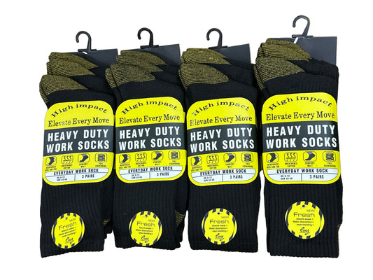 Set of heavy-duty work socks with labels on a white background