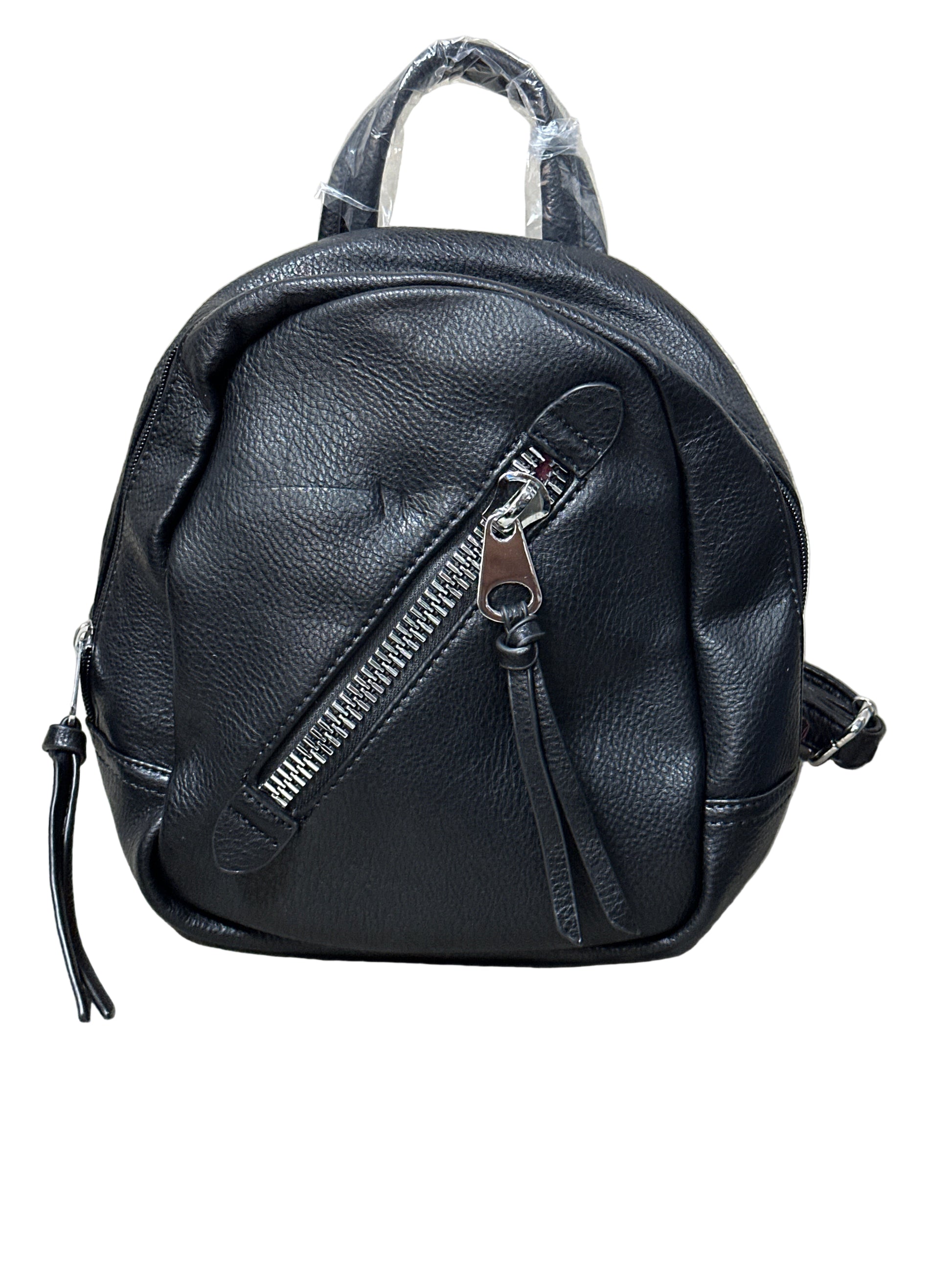Black leather backpack on a white background