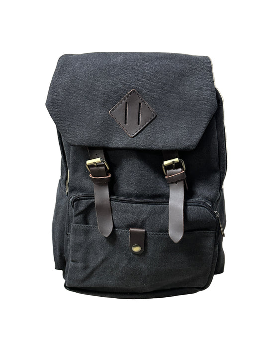 Black backpack with leather straps on a textured surface