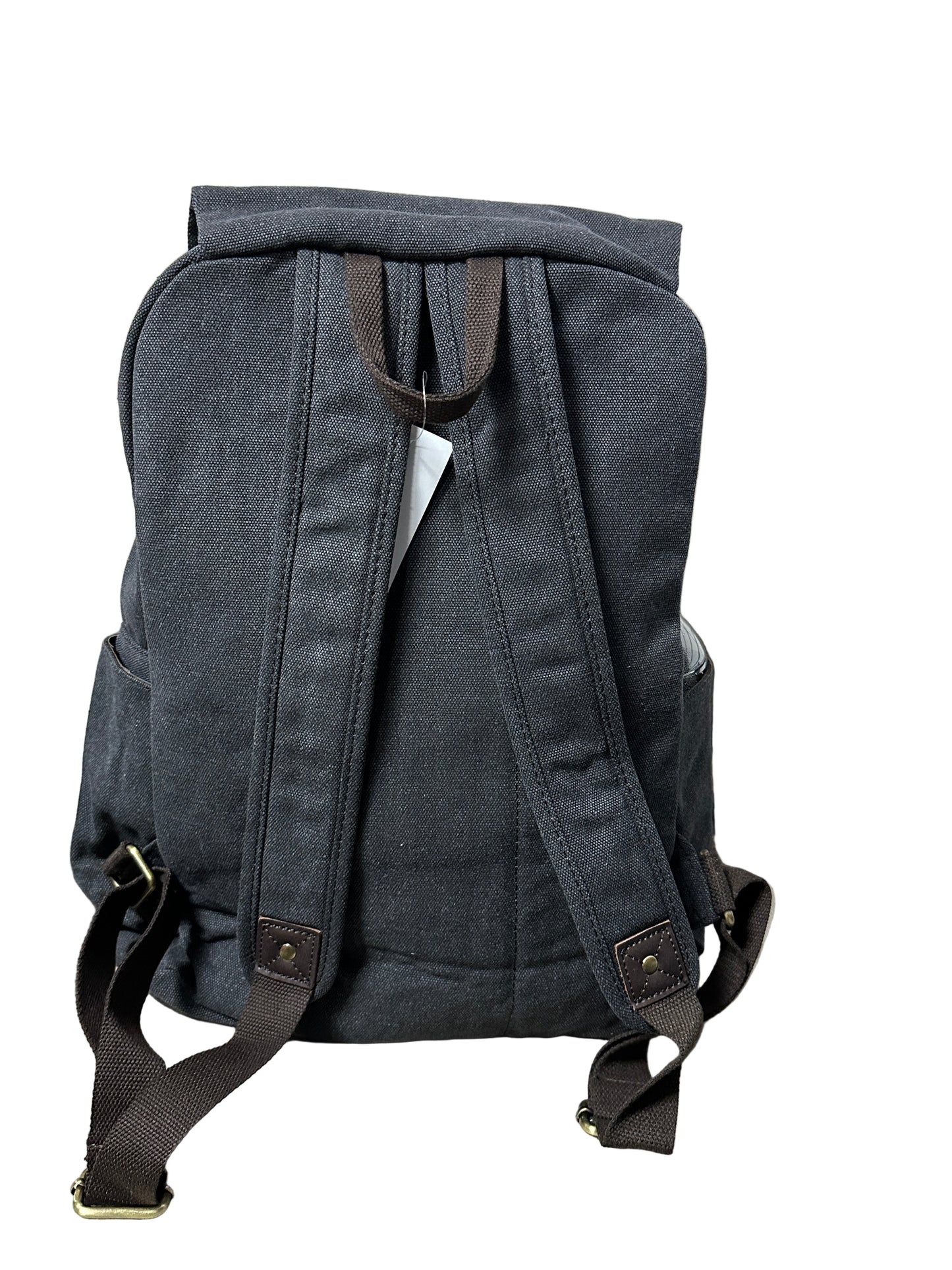 Dark gray backpack with brown straps on a light-colored surface