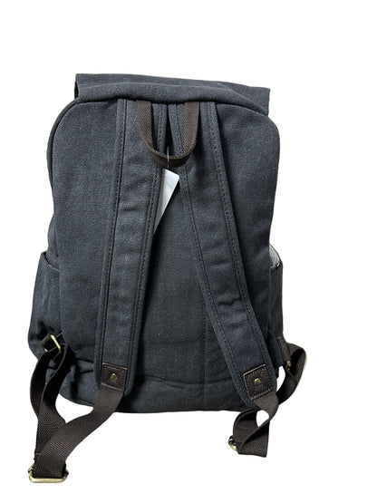 Dark gray backpack with brown straps on a light-colored surface