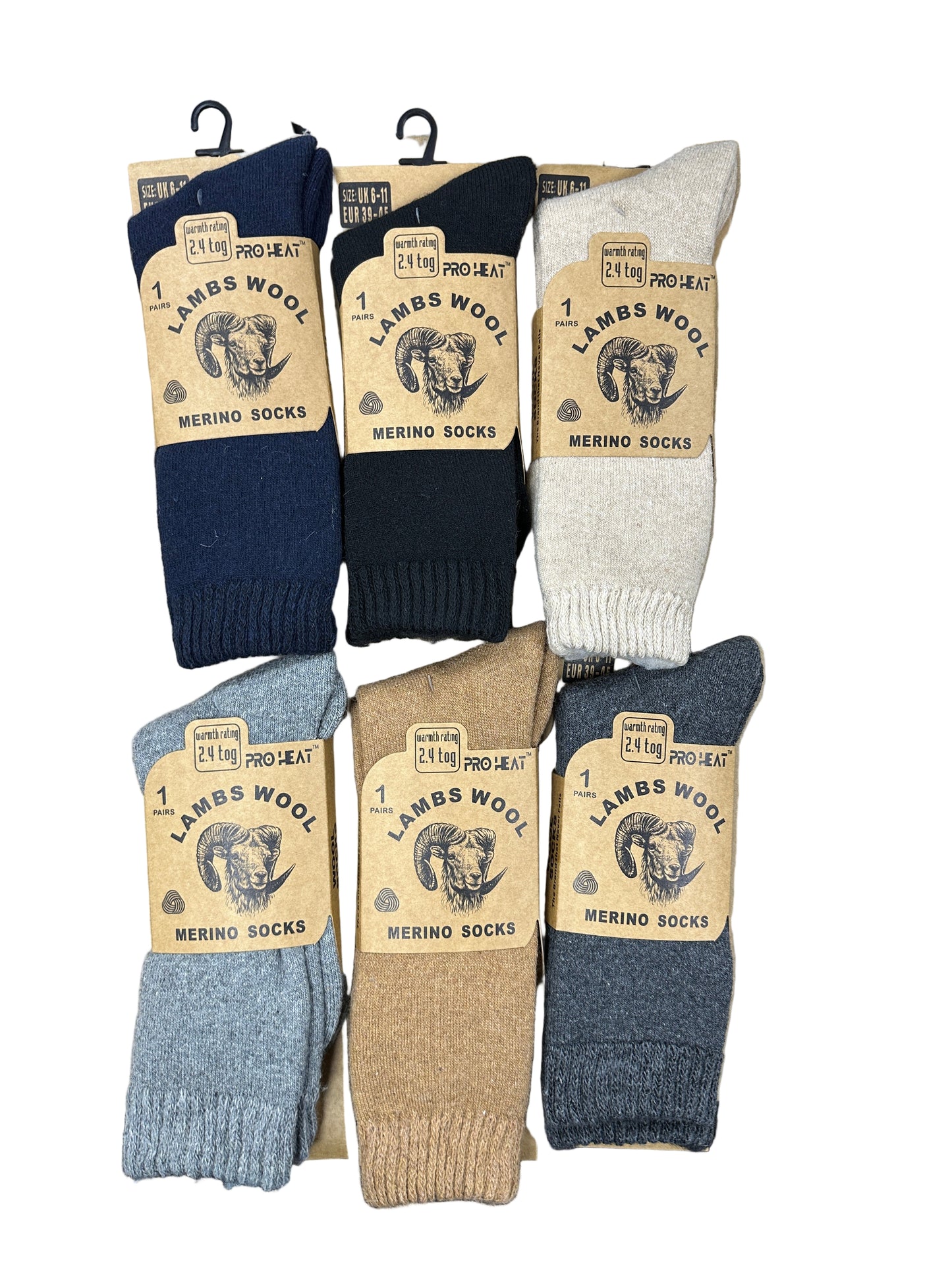 Assorted pairs of socks on a cardboard box with branded labels.