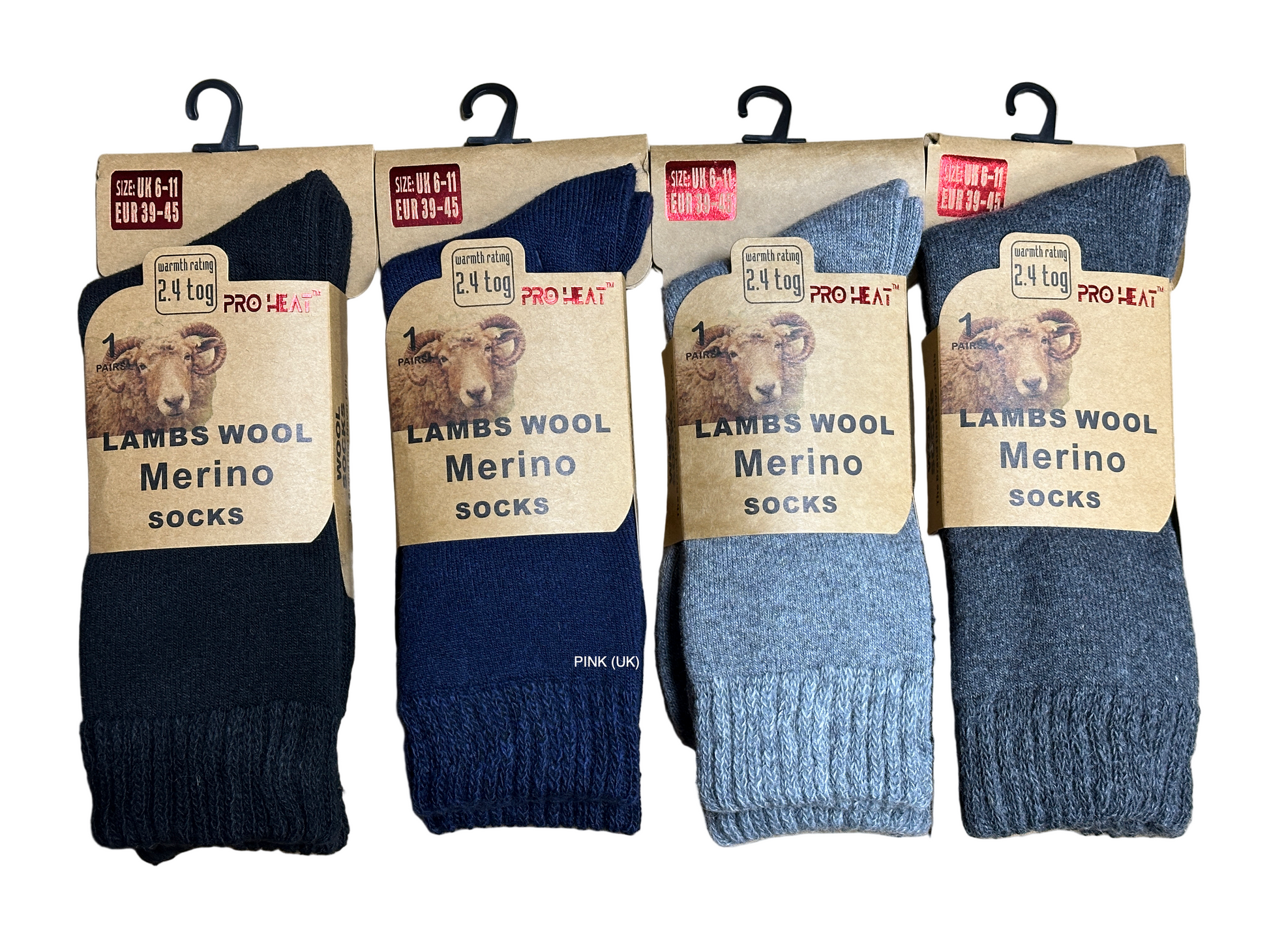 Four pairs of lambswool merino socks in packaging on a tiled wall.