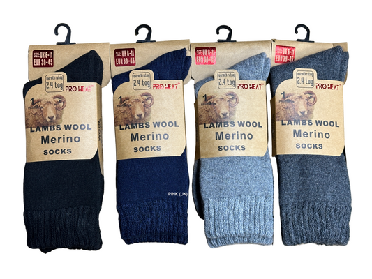 Four pairs of lambswool merino socks in packaging on a tiled wall.
