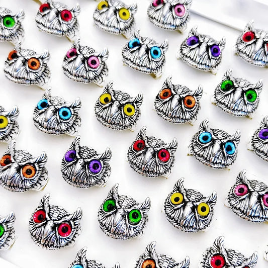 20Pcs/Lot Vintage Colorful Owl Eyes Animal Adjustable Rings for Unisex Mixed Design Gothic Hip-hop Jewelry Wholesale