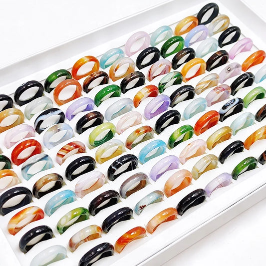 50Pcs/Lot Vintage Multicolor Natural Stone Agate Rings for Men and Women Mix 6MM Carnelian Wedding Ring Charm Jewelry Wholesale