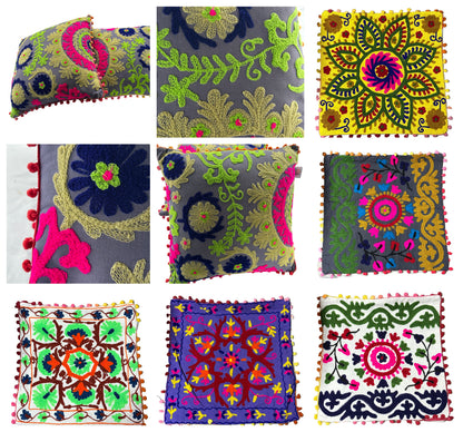 Indian Cushion Covers Suzani Embroidered Boho Case Takiya 40x40 CM 16"x16" Square Kashmiri Takiya Home Décor - Cover Only