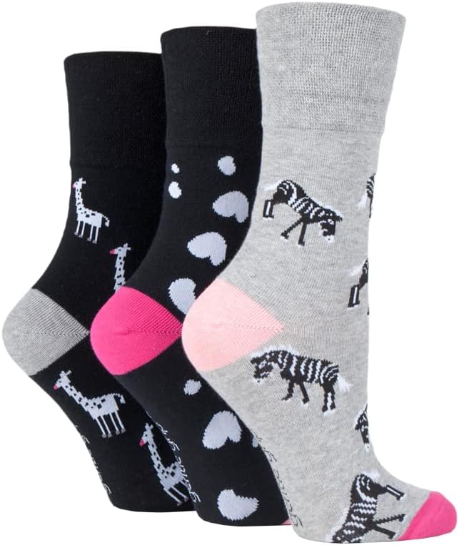 SockShop Gentle Grip Ladies Fun Feet Non-Binding Honeycomb Gentle Top Novelty Patterned Socks in a Multipack of 3 Assorted Colours Size 4-8