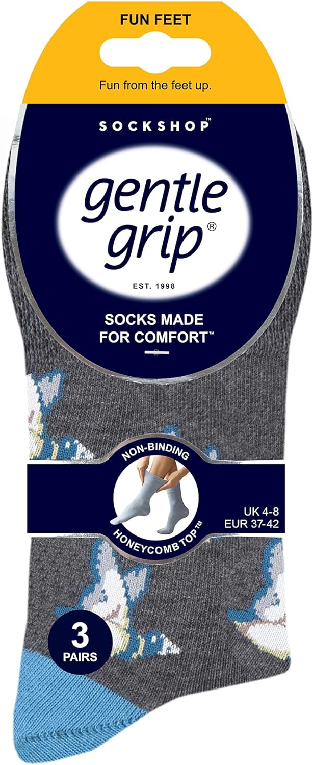 SockShop Gentle Grip Ladies Fun Feet Non-Binding Honeycomb Gentle Top Novelty Patterned Socks in a Multipack of 3 Assorted Colours Size 4-8