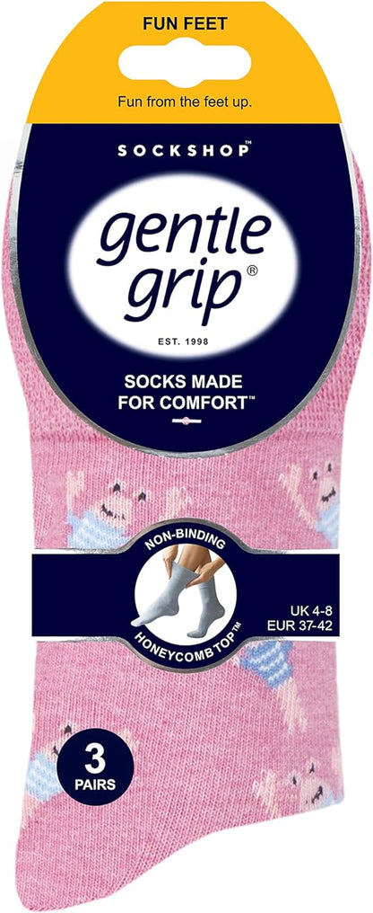 SockShop Gentle Grip Ladies Fun Feet Non-Binding Honeycomb Gentle Top Novelty Patterned Socks in a Multipack of 3 Assorted Colours Size 4-8